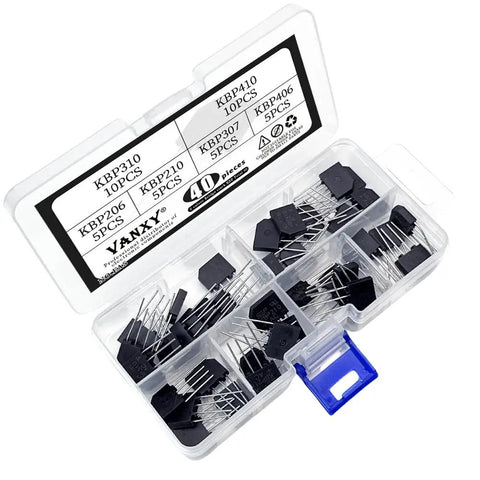 Six Types Rectifier Bridge Kit With Forty Pieces Includes KBP206 KBP210 KBP307 KBP310 KBP406 KBP410 4 Pin Rectifier Bridges For AC DC Power Supplies Motor Drives And DIY Electronics In A Neatly Labeled Case open plastic case with assorted black 4-pin rectifier bridges