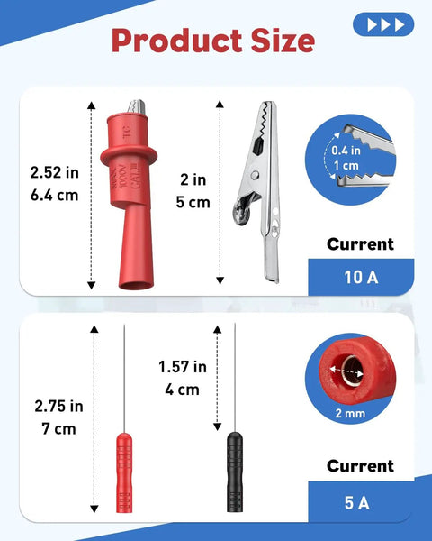 11 Piece Multimeter Leads Kit With Back Probes And Dual Ended Alligator Clips Crocodile Clips For Electrical Testing And Automotive Diagnostics dimensions and specifications