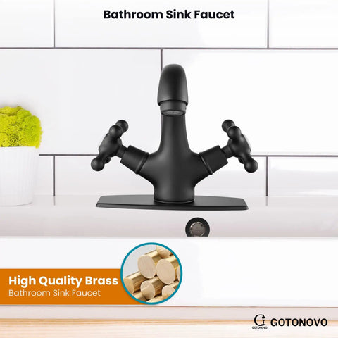Matte Black Single Hole Bathroom Faucet With Cross Handles Lavatory Vessel Sink Mixer Tap No Fuss Install Pop Up Drain
