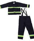 Heavy Duty Fire Retardant Work Suit With Aramid Insulation And High Visibility Design, navy blue jacket and pants with reflective stripes.