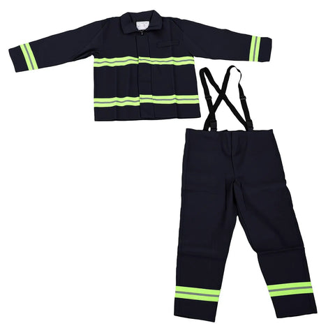 Heavy Duty Fire Retardant Work Suit With Aramid Insulation And High Visibility Design, navy blue jacket and pants with reflective stripes.