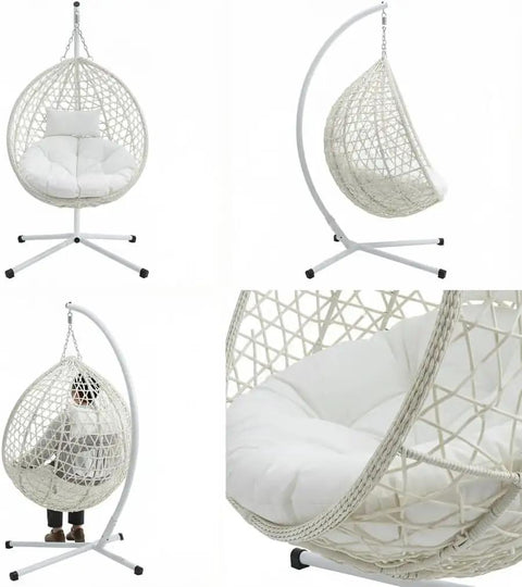 Hanging Egg Chair With Stand For Patio And Balcony, Indoor Outdoor Swing Chair With Comfy Cushioned Seat And Headrest, Weatherproof PE Wicker