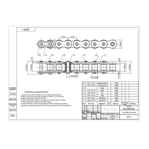 Technical drawing of Stainless Steel Roller Chain No 60 For Industrial Machinery, ten foot length, three quarters inch pitch