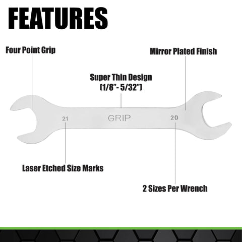 Thin But Mighty 9 Piece Open End Wrench Set Metric With Roll Up Pouch One Eighth Inch Thick For Tight Spots, features detail