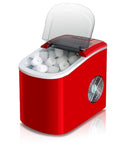 Fast Acting Countertop Ice Maker With Quick Six Minute Ice Cube Production And Thirty Three Pounds Daily Yield, red design with ice cubes visible.
