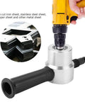 Metal Sheet Cutter Double Head Nibbler Attachment For Power Drill shown cutting metal sheets, DIY friendly tool for various materials.