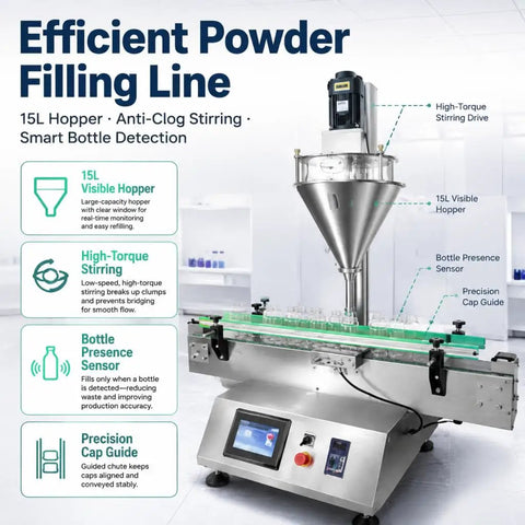 Desktop Automatic Powder Filling Machine With 15L Viewable Hopper And Precision 5 To 500 Milliliter Auger Filler for efficient bottling of powders.