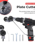 Electric Drill Metal Cutting Shears For Iron And Tin Plates No Hassle Labor Saving Retrofit Tool shown with accessories