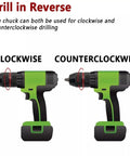 Heavy Duty Keyless Drill Chuck With Metal Tool Holder That Snaps Bits In Fast, showing clockwise and counterclockwise drill positions.