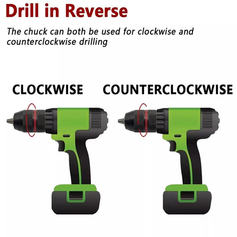 Heavy Duty Keyless Drill Chuck With Metal Tool Holder That Snaps Bits In Fast, showing clockwise and counterclockwise drill positions.