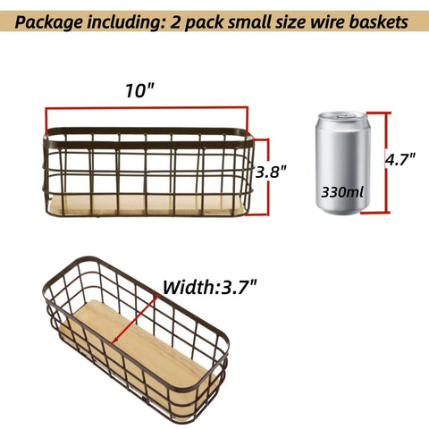 Set Of 2 Small Wire Baskets For Countertop Storage, Rustic Farmhouse Style Organizer Trays, iron frame with wood base, measurements given.