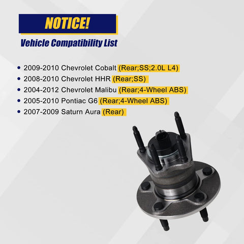 Two Piece Rear Wheel Bearing And Hub Assembly For Chevy Cobalt HHR Malibu Saturn Aura Pontiac G6 2004 To 2012 With 5 Lug Bolts And ABS