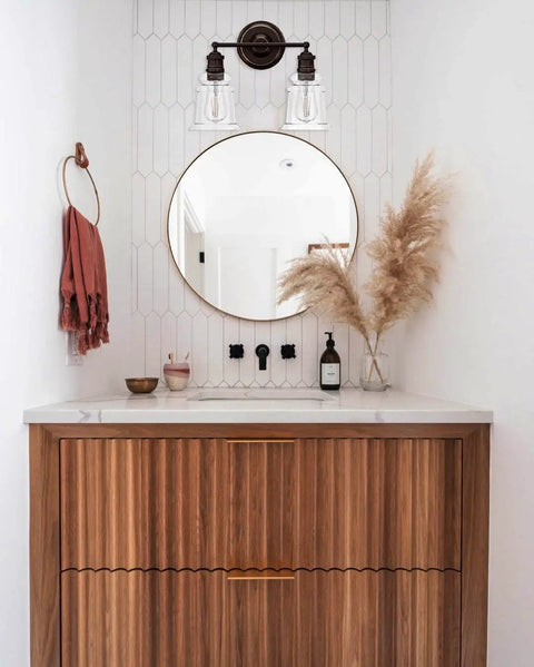 Oil Rubbed Bronze Two Light Vanity Light Fixtures With Clear Cylinder Glass Shades Over Mirror Modern Dual Mount For Bathroom