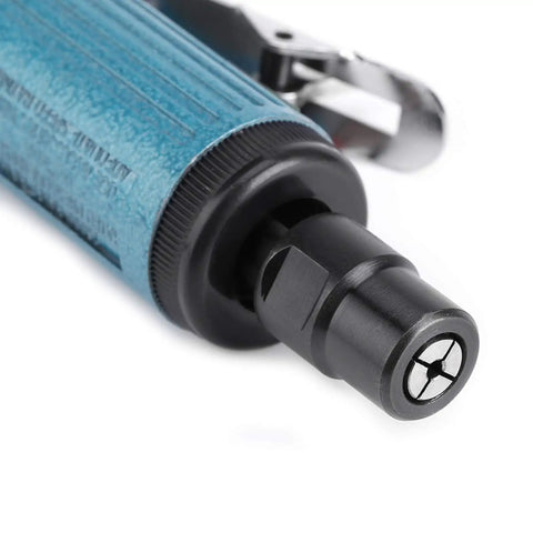 Close-up of Quarter Inch Pneumatic Die Grinder High Performance Angle Polisher Cutting Tool, showcasing the blue textured grip and black chuck design.