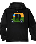 Black Straight Up Fire Auto Rickshaw Performance Hoodie With Bold Tuk Tuk Street Art Unisex Pullover for casual wear.