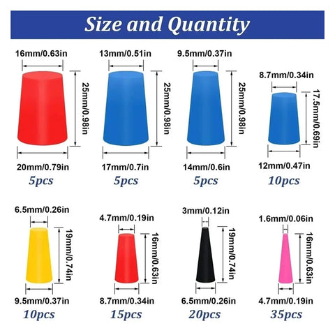 Premium Silicone Rubber Tapered Plugs Assortment 105 Pcs High Temp Masking Cone Kit, size chart with assorted plug dimensions