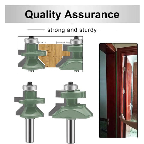 Two Pack 1/2 Inch Shank Tongue And Groove Router Bit Set For Flooring And Cabinet Doors With V Notch Wainscotting And Edge Banding Pro Grade Tungsten Carbide Bits next to door application.