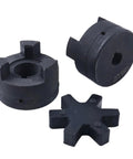 Heavy Duty 1/2 Inch To 7/8 Inch Flexible L Jaw Coupling Set With Buna N Rubber Spider For Log Wood Splitter 3 Piece Industrial Grade Interchangeable With Lovejoy Martin Browning TB Woods Built To Last, shown with coupler halves and spider