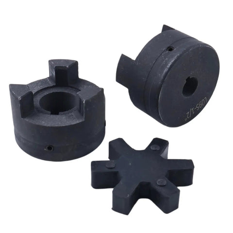 Heavy Duty 1/2 Inch To 7/8 Inch Flexible L Jaw Coupling Set With Buna N Rubber Spider For Log Wood Splitter 3 Piece Industrial Grade Interchangeable With Lovejoy Martin Browning TB Woods Built To Last, shown with coupler halves and spider