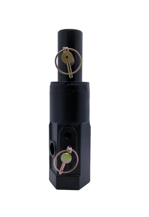 Beefed Up Heavy Duty Auger Adapter 2 Inch Female Hex to 2 Inch Male Round Shaft Built From 35CrMo Alloy Steel for Next Level Toughness and Impact Resistance, Heat Treated for Extra Durability, showing its side with visible locking pins