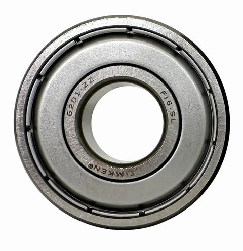 Close-up view of one 6201ZZ deep groove ball bearing with metal seals for high-speed rotation and axial loads, steel cage visible.