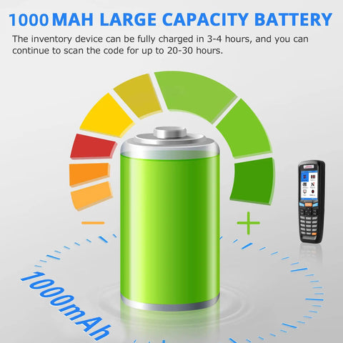 Infographic highlighting 1000mAh battery and 3 In 1 Portable Inventory Scanner With 2.4G Wireless Connection And 2.8 Inch LCD Screen