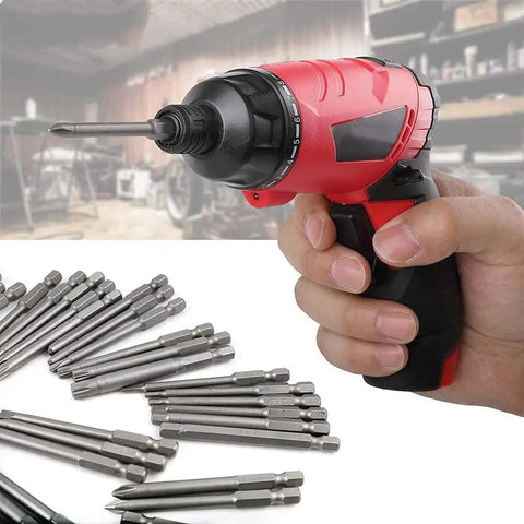 Person holding drill with one bit from the 50 Piece Magnetic Screwdriver Bit Set With Extra Long Bits And Case All In One Pro Grade Driver Kit Includes Hex Torx Star Phillips Square Spanner Tri Wing Pozidriv And More S2, scattered bits nearby.