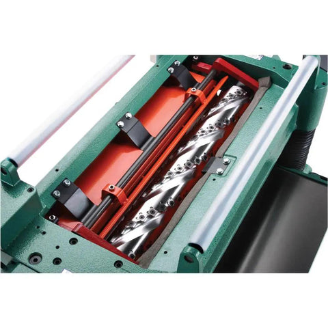 Heavy Duty 20 Inch Thickness Planer With A Beefy 5 Horsepower Motor And Swappable Spiral Carbide Cutterheads Rock Solid Cast Iron Construction Precision Ground Tables And Wings Includes Reliable Board Return Rollers