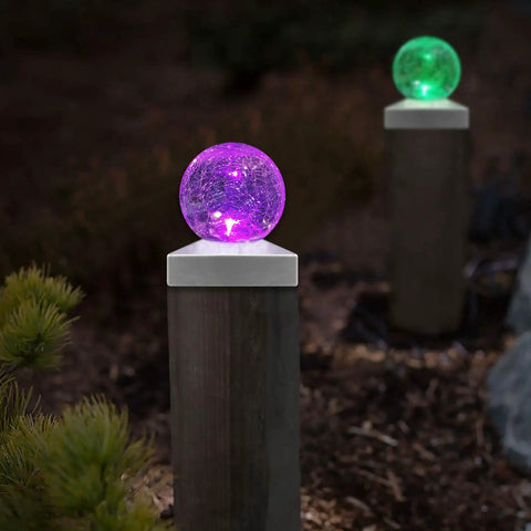 4x4 Solar Post Cap Lights For Deck, Fence, And Outdoor Railings With Crackle Glass, Color Changing LED, Pink and Green Lights