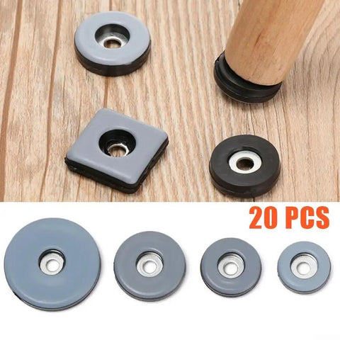 PTFE Screw-In Chair Leg Sliders 20-Pack shown on wood floor with various glide shapes for sofas, beds, and tables.