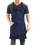 Man wearing Denim Tool Apron With Four Pockets Waterproof Adjustable Canvas Lightweight Work Apron Blue For Crafts Carpentry Kitchen