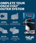 Edge Routing Dust Extraction Hood For Colt Palm Routers RA1132 shown with accessories and palm router.