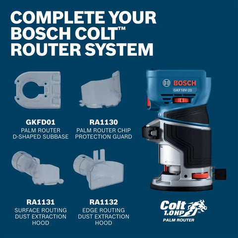 Edge Routing Dust Extraction Hood For Colt Palm Routers RA1132 shown with accessories and palm router.