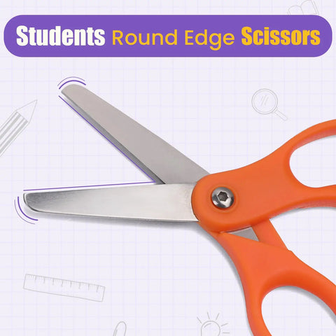 Close-up of orange 12 Pack 5 Inch Kids Safety Scissors With Blunt Tip, Stainless Steel Blades And Comfort Grip for school use.