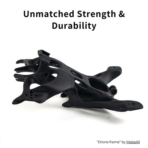 3D printed drone frame made from Fibreheart PPA-CF Carbon Fiber Nylon 3D Filament for heavy-duty strength and heat resistance.