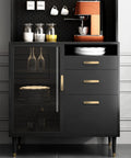 Brushed Brass Cabinet Handles on black furniture with glass doors, showing kitchen drawer pulls 3-3/4 Inch 96mm Hole Spacing 4 Pack