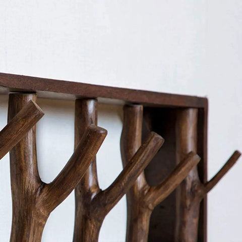 Premium Handcrafted Solid Wood Wall Mounted Coat Rack Featuring Retractable Hooks showing unique branch design in rich wood finish.