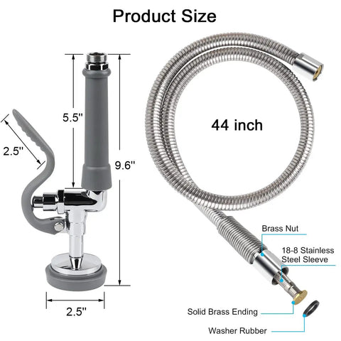 Pro Grade Commercial Sink Sprayer Kit With 45 Inch Flexible Stainless Steel Hose, Pre Rinse Dish Spray Valve Replacement, size details