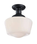 Vintage Style Outdoor Ceiling Light One Light Semi Flush Mount In Textured Black With White Opal Glass For Front Porch And Balcony, 9 Inch