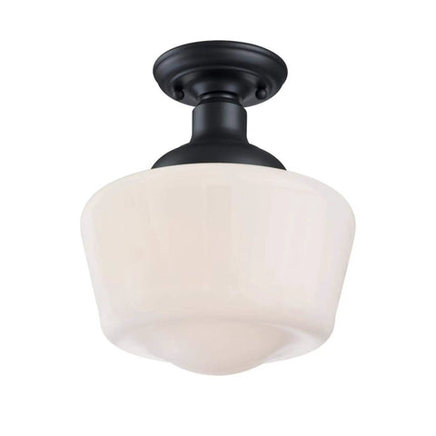 Vintage Style Outdoor Ceiling Light One Light Semi Flush Mount In Textured Black With White Opal Glass For Front Porch And Balcony, 9 Inch