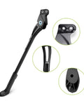 Adjustable 18mm Hole Spacing Bike Kickstand for 24, 26, and 27.5 inch MTB, BMX; black aluminum, close-up details