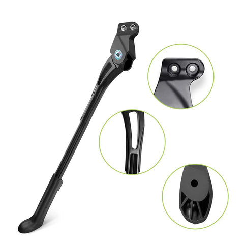 Adjustable 18mm Hole Spacing Bike Kickstand for 24, 26, and 27.5 inch MTB, BMX; black aluminum, close-up details