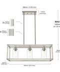 Rectangle Chandelier With 3 Lights In Brushed Nickel Finish, illustrated with detailed dimensions and components.
