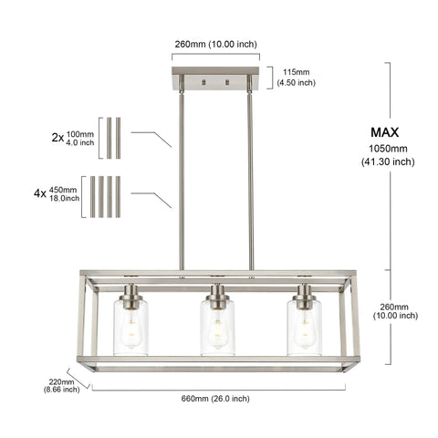 Rectangle Chandelier With 3 Lights In Brushed Nickel Finish, illustrated with detailed dimensions and components.