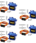 Five ACEIRMC SG90 micro servo motors with blue translucent bodies, orange cables, metal arms, and screws.