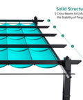 Top view of Aluminum Pergola With Retractable Canopy And Mosquito Netting, showing solid structure with cross beams and blue canopy.