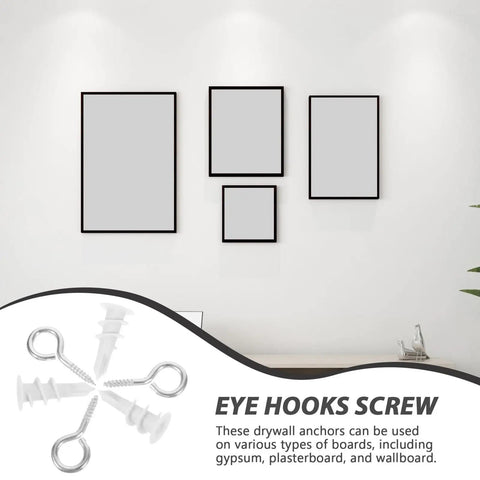 Self Drilling Drywall Anchors And Screws Kit, 20 Sets, displayed with picture frames for hanging on plasterboard gypsum.