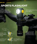 Wizard C2 Pro V4 Warm Light LED Headlamp Flashlight 2330 Lumens mounted on bicycle handlebar, showcasing quick-release feature.