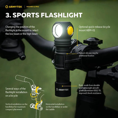 Wizard C2 Pro V4 Warm Light LED Headlamp Flashlight 2330 Lumens mounted on bicycle handlebar, showcasing quick-release feature.