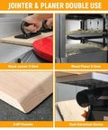 10 Inch Benchtop Planer Jointer Combo With Heavy Duty Stand 13 Amp Thickness Planer tool in use with wood, dust extraction visible.